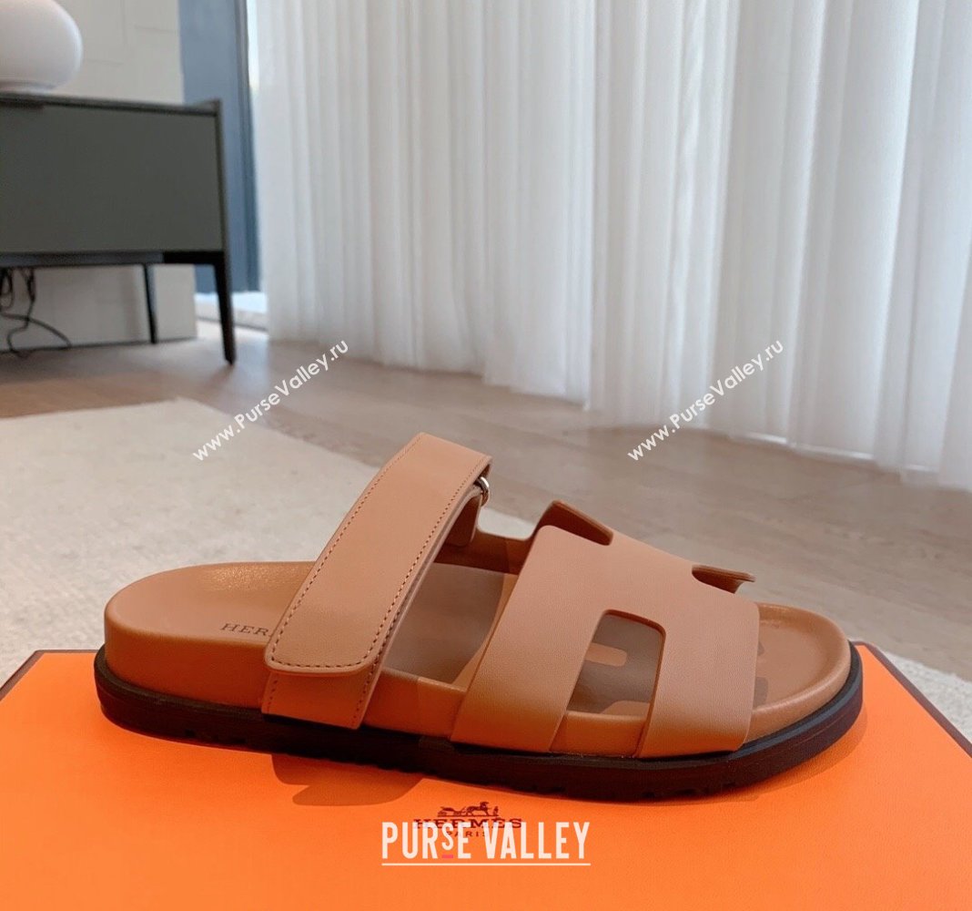 Hermes Chypre Flat Sandals in Smooth Calfskin Brown/Silver 2024 0425 (XC-240425175)