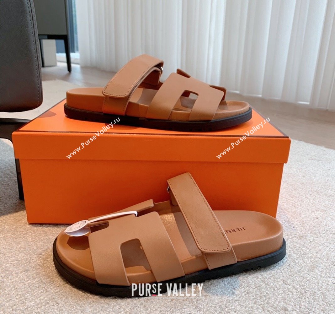 Hermes Chypre Flat Sandals in Smooth Calfskin Brown/Silver 2024 0425 (XC-240425175)