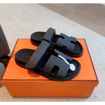 Hermes Chypre Flat Sandals in Smooth Calfskin Black/Silver 2024 0425 (XC-240425176)