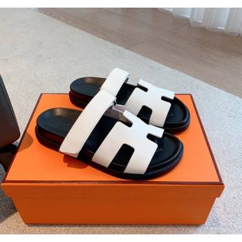 Hermes Chypre Flat Sandals in Smooth Calfskin White/Black2 2024 0425 (XC-240425178)
