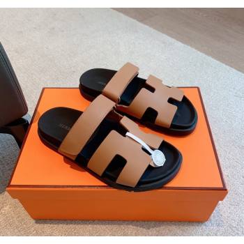 Hermes Chypre Flat Sandals in Smooth Calfskin Brown/Black 2024 0425 (XC-240425179)