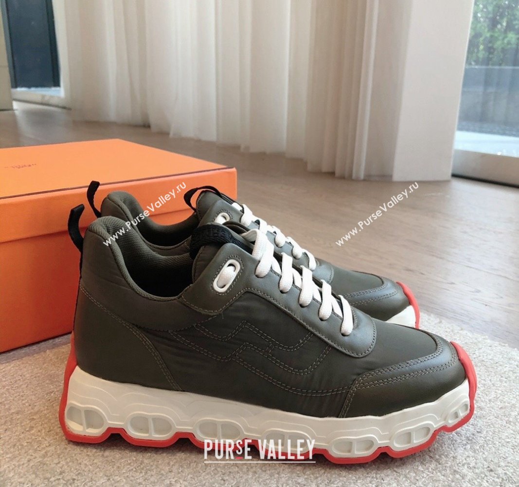 Hermes Impulse Sneakers in Parachute Fabric and Calfskin Dark Green 2024 0606 (XC-240606011)