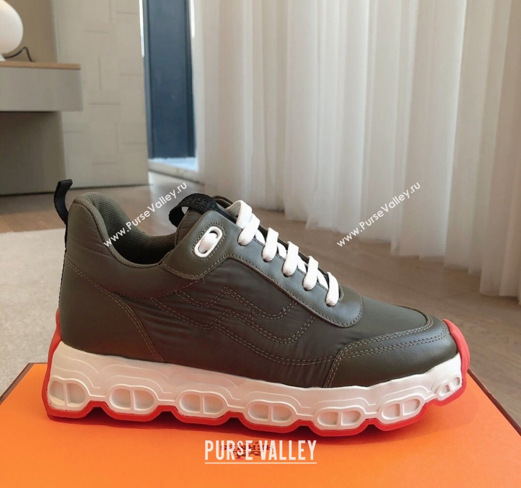 Hermes Impulse Sneakers in Parachute Fabric and Calfskin Dark Green 2024 0606 (XC-240606011)