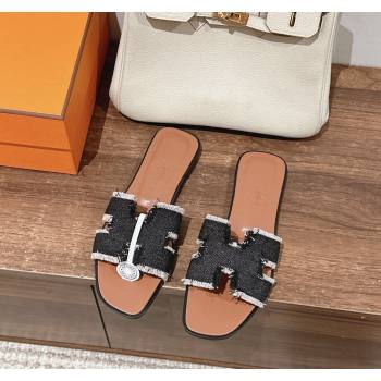 Hermes Oran Flat Slide Sandals in Fringe Denim Black 2024 0606 (MD-240606002)