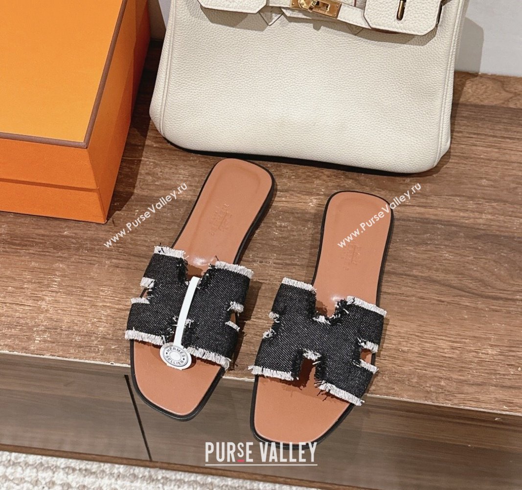 Hermes Oran Flat Slide Sandals in Fringe Denim Black 2024 0606 (MD-240606002)