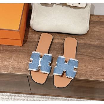 Hermes Oran Flat Slide Sandals in Fringe Denim Blue 2024 0606 (MD-240606004)