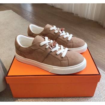 Hermes Day Sneakers in Suede with Kelly Buckle Light Brown 2024 0606 (XC-240606030)