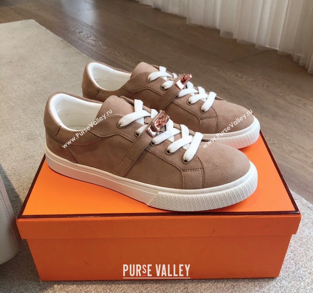 Hermes Day Sneakers in Suede with Kelly Buckle Light Brown 2024 0606 (XC-240606030)