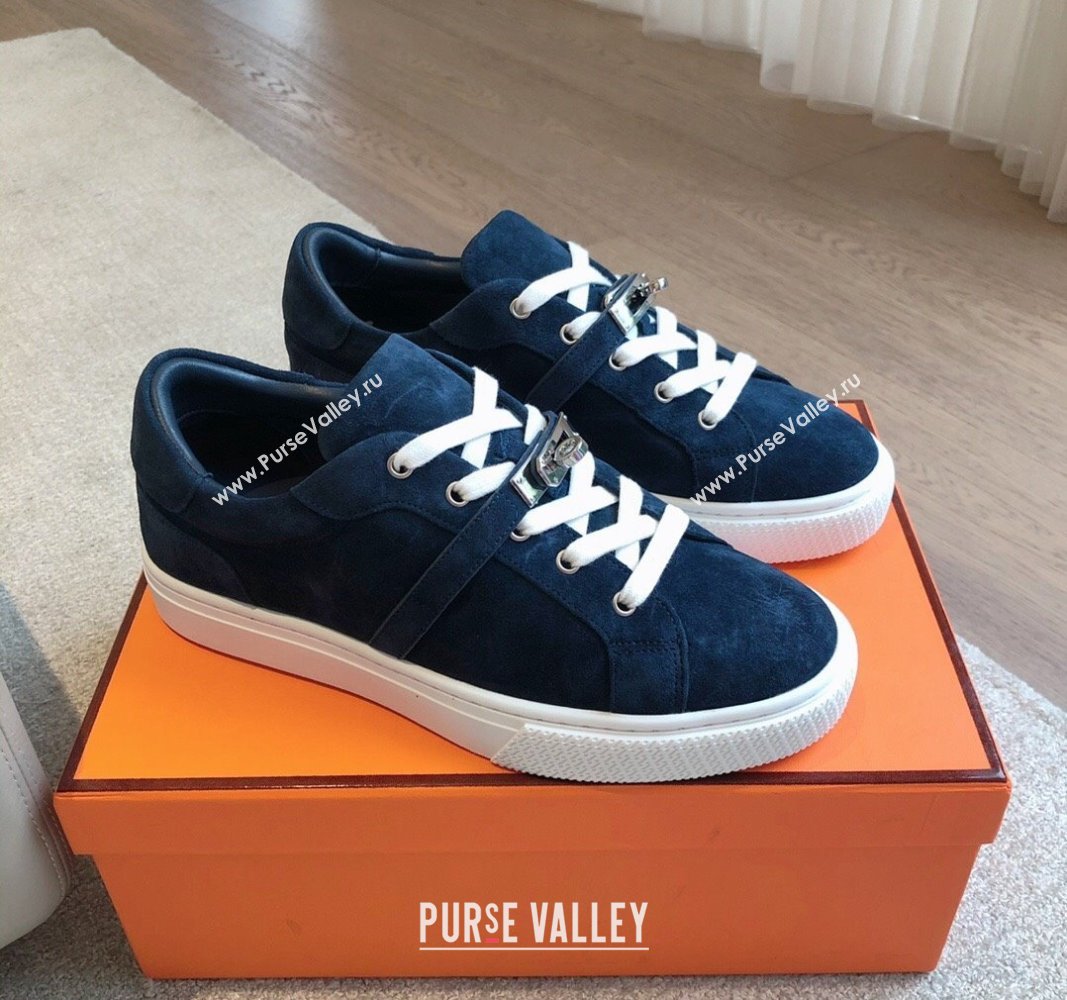 Hermes Day Sneakers in Suede with Kelly Buckle Dark Blue 2024 0606 (XC-240606031)