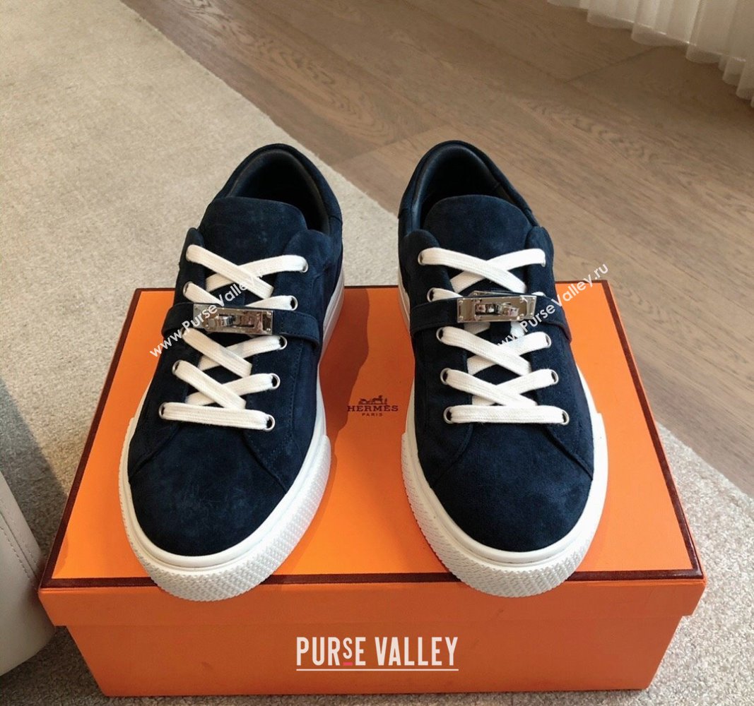 Hermes Day Sneakers in Suede with Kelly Buckle Dark Blue 2024 0606 (XC-240606031)