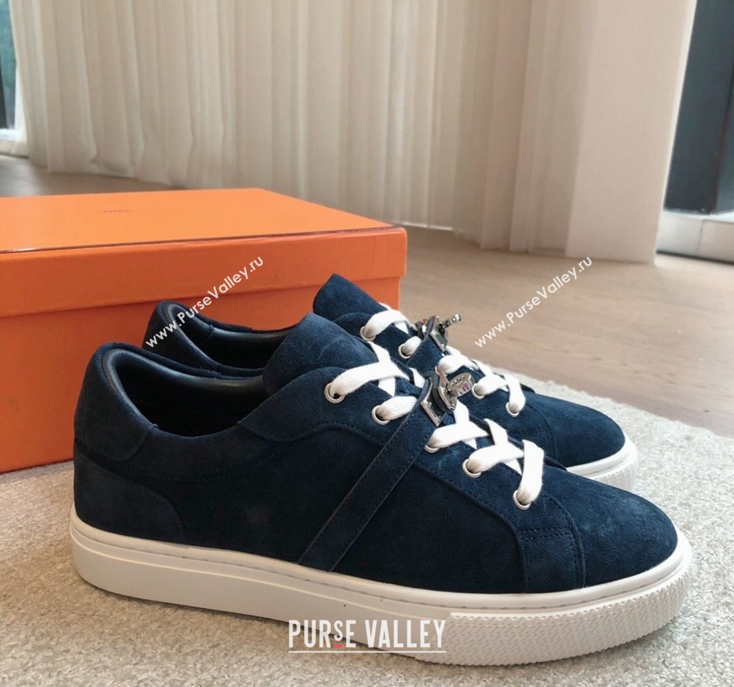 Hermes Day Sneakers in Suede with Kelly Buckle Dark Blue 2024 0606 (XC-240606031)