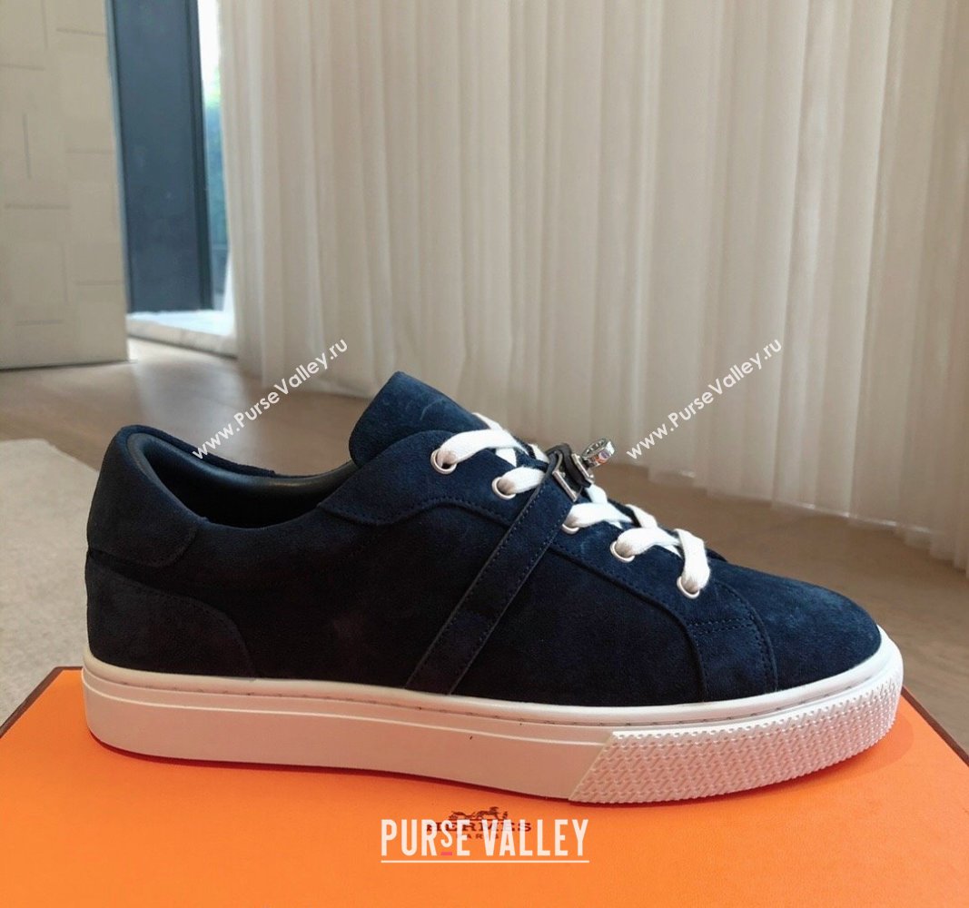 Hermes Day Sneakers in Suede with Kelly Buckle Dark Blue 2024 0606 (XC-240606031)