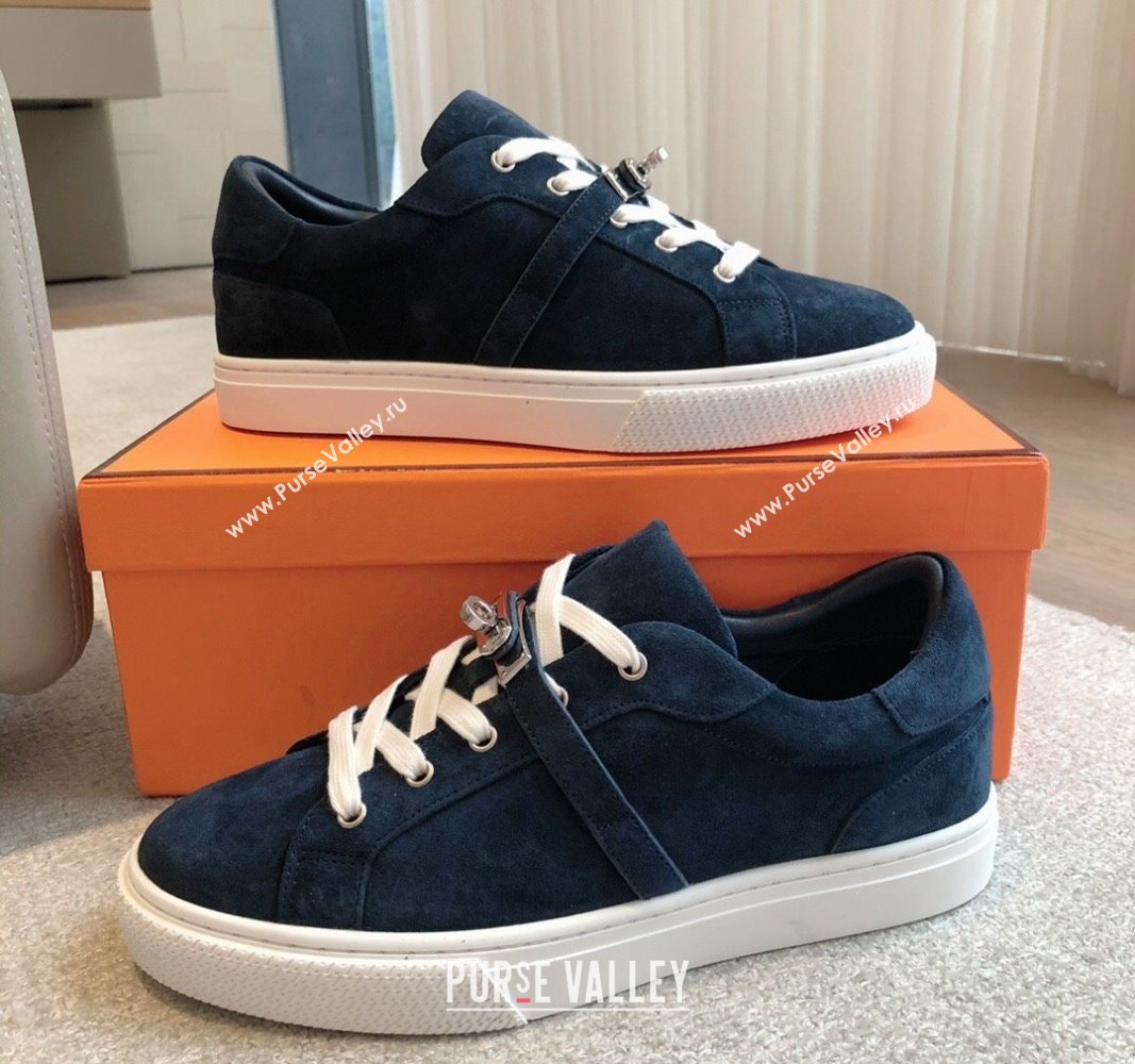 Hermes Day Sneakers in Suede with Kelly Buckle Dark Blue 2024 0606 (XC-240606031)