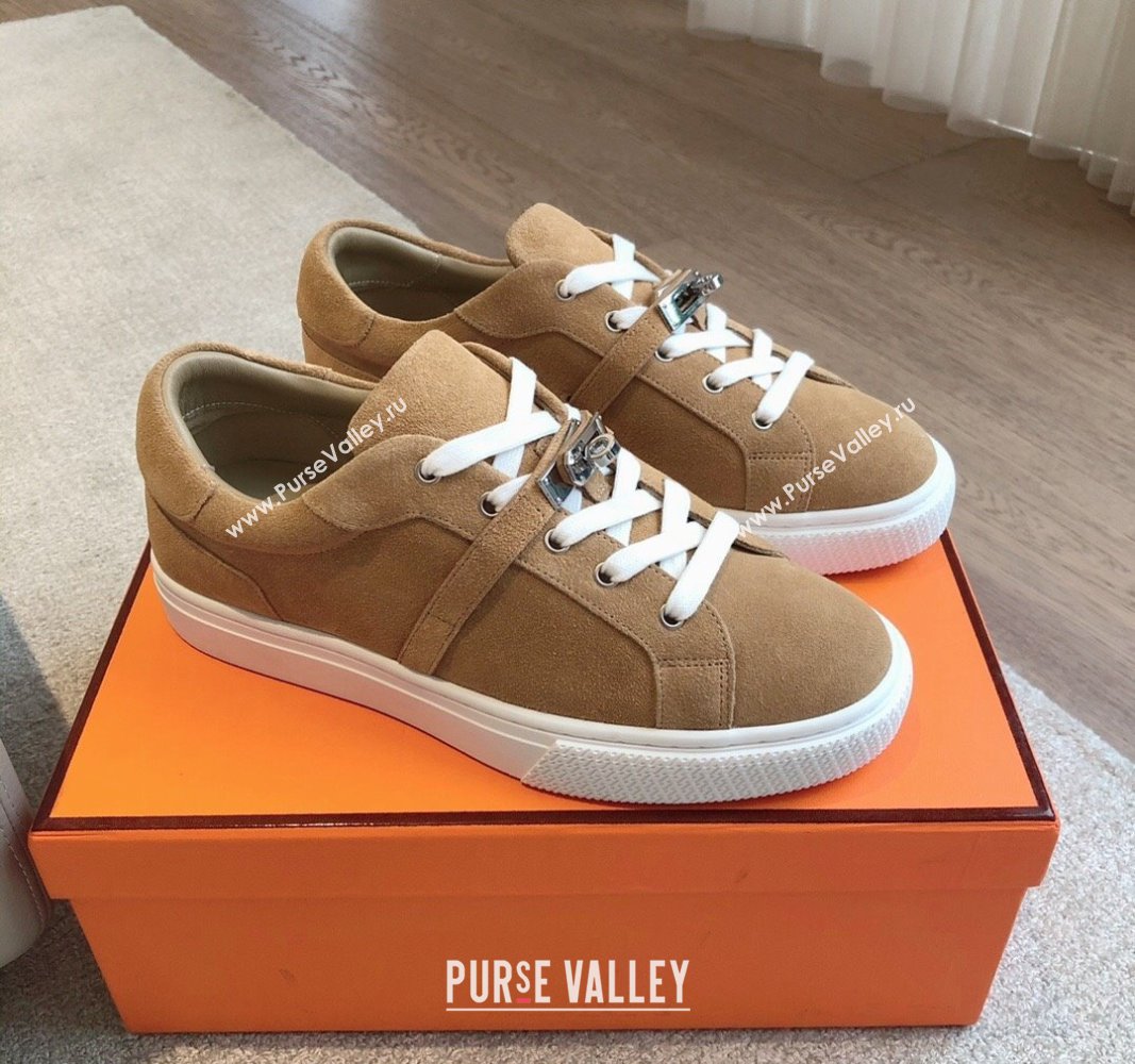 Hermes Day Sneakers in Suede with Kelly Buckle Camel Brown 2024 0606 (XC-240606032)