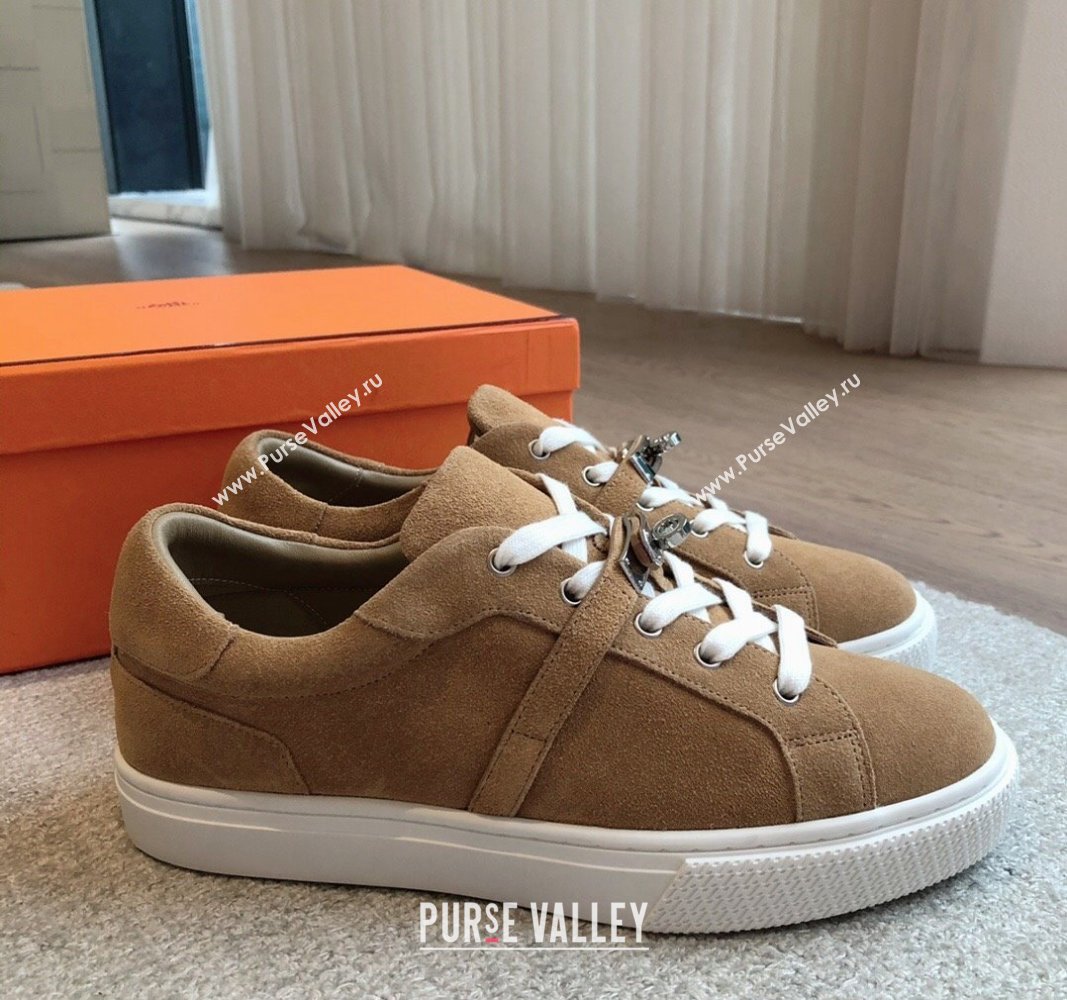 Hermes Day Sneakers in Suede with Kelly Buckle Camel Brown 2024 0606 (XC-240606032)