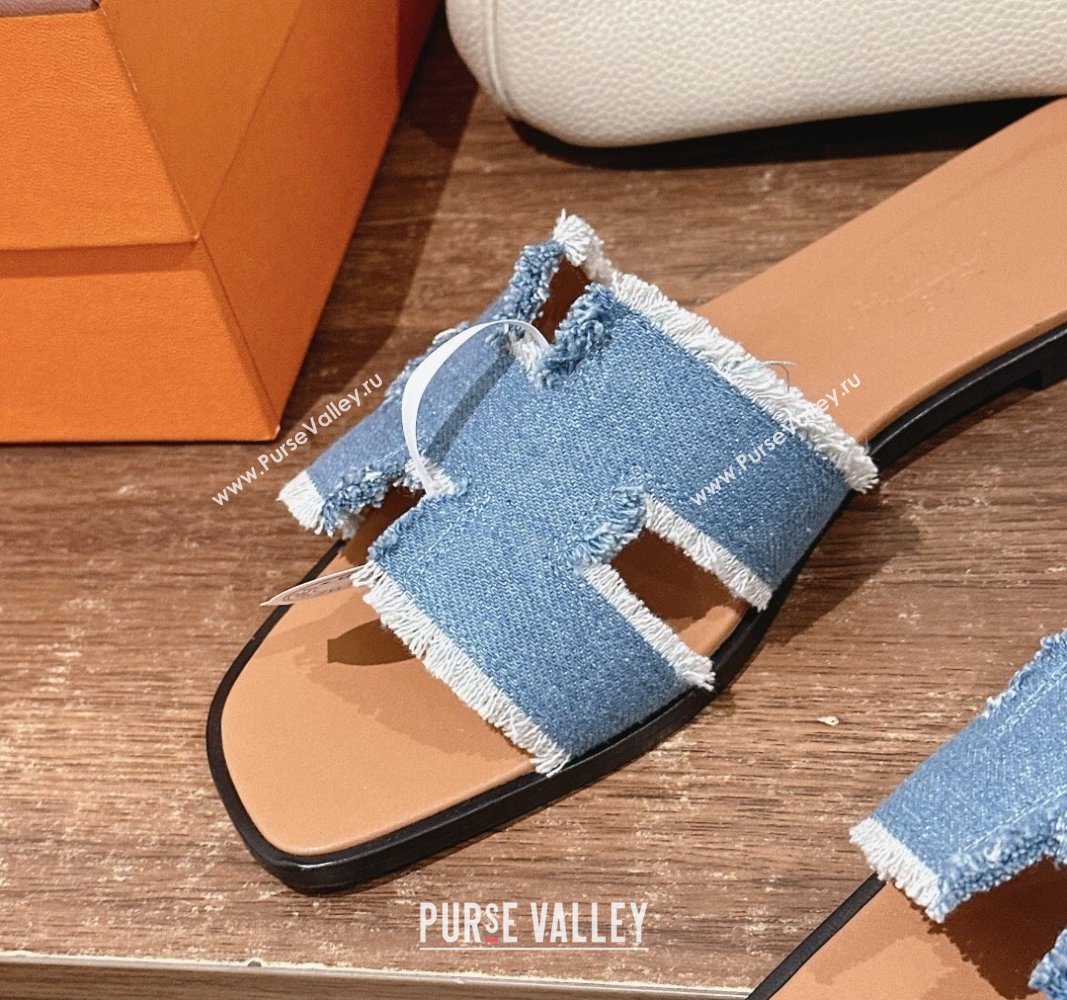 Hermes Oran Flat Slide Sandals in Fringe Denim Blue 2024 0606 (MD-240606004)