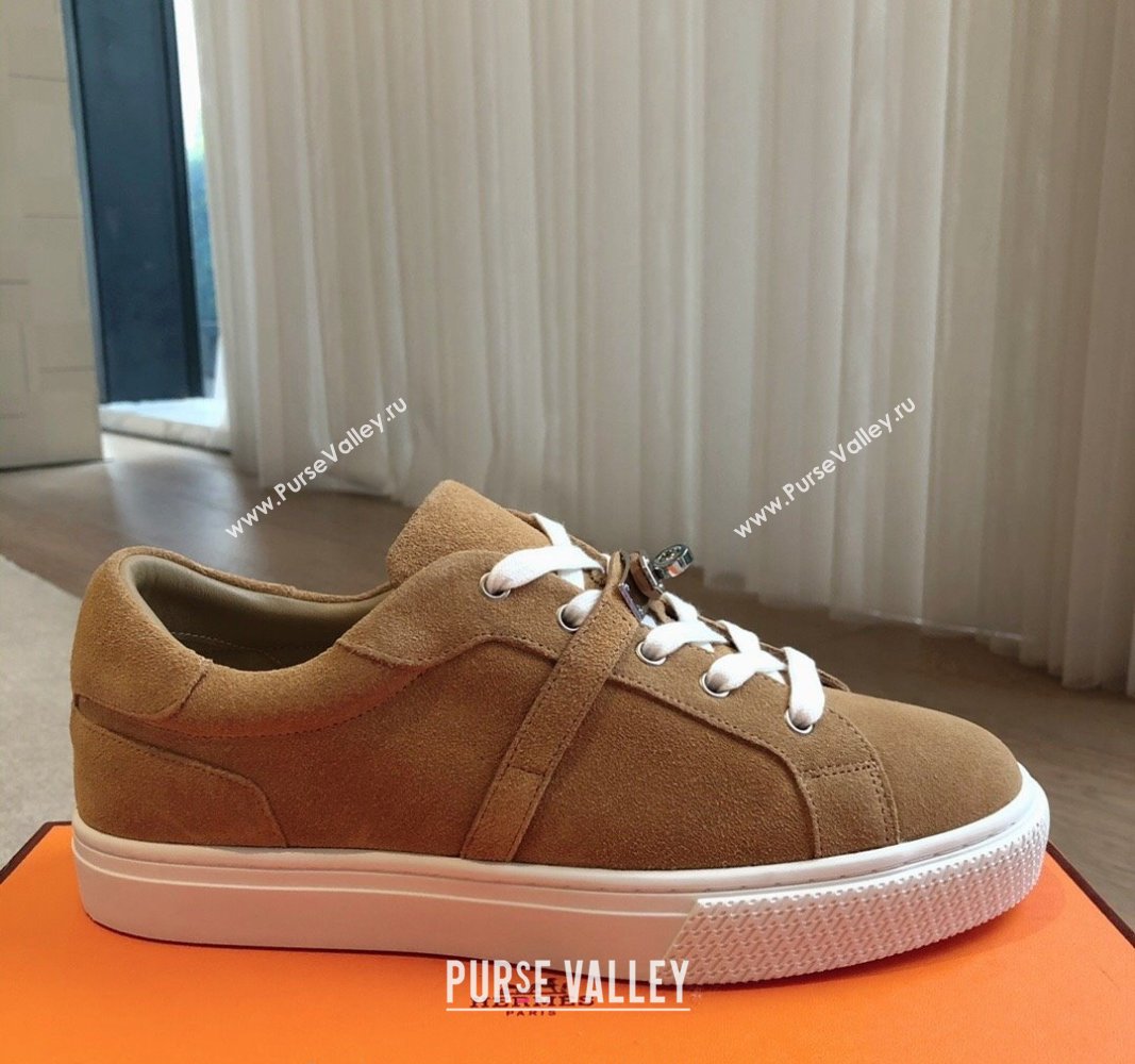 Hermes Day Sneakers in Suede with Kelly Buckle Camel Brown 2024 0606 (XC-240606032)