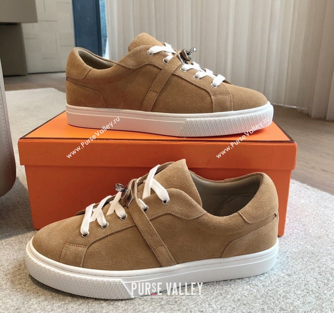 Hermes Day Sneakers in Suede with Kelly Buckle Camel Brown 2024 0606 (XC-240606032)