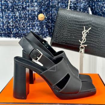 Hermes Elbe High Heel Sandals 9.5cm in Smooth Calfskin Black 2024 0606 (MD-240606033)