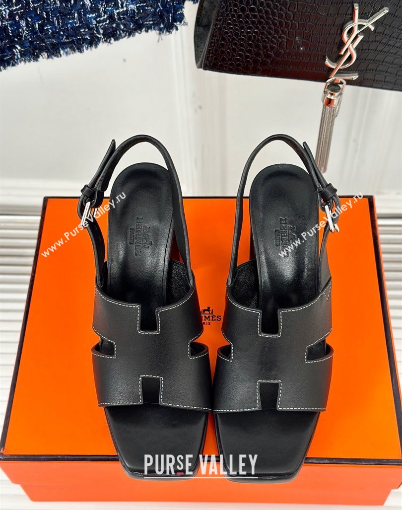 Hermes Elbe High Heel Sandals 9.5cm in Smooth Calfskin Black 2024 0606 (MD-240606033)