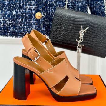 Hermes Elbe High Heel Sandals 9.5cm in Smooth Calfskin Brown 2024 0606 (MD-240606035)