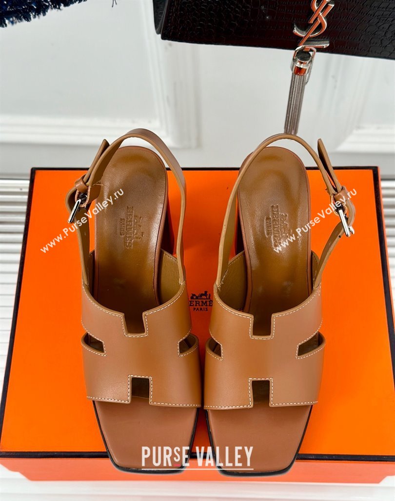 Hermes Elbe High Heel Sandals 9.5cm in Smooth Calfskin Brown 2024 0606 (MD-240606035)