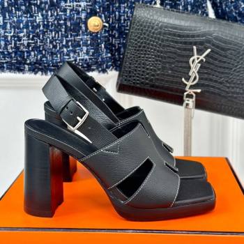 Hermes Elbe High Heel Sandals 9.5cm in Grained Calfskin Black 2024 0606 (MD-240606037)