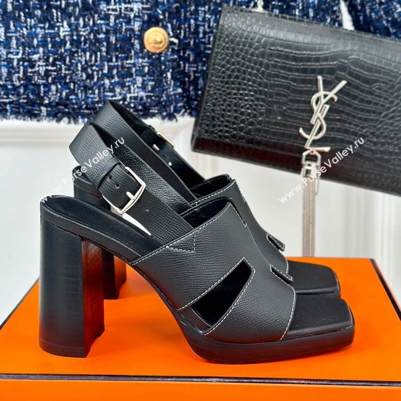 Hermes Elbe High Heel Sandals 9.5cm in Grained Calfskin Black 2024 0606 (MD-240606037)