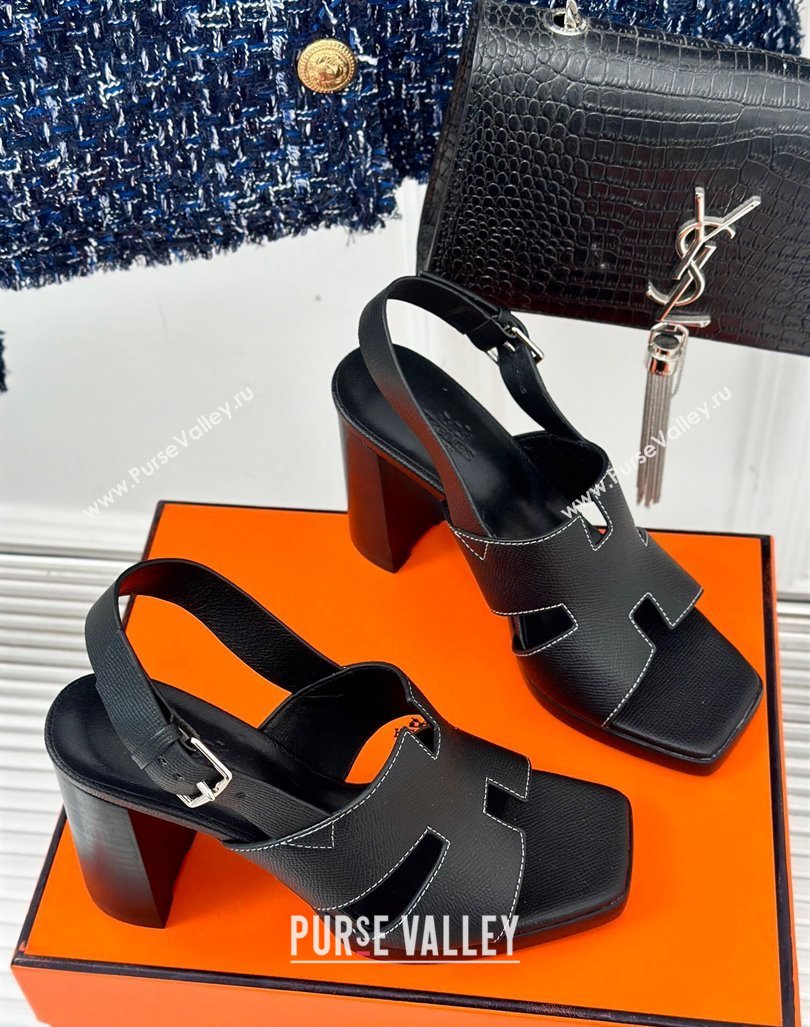 Hermes Elbe High Heel Sandals 9.5cm in Grained Calfskin Black 2024 0606 (MD-240606037)