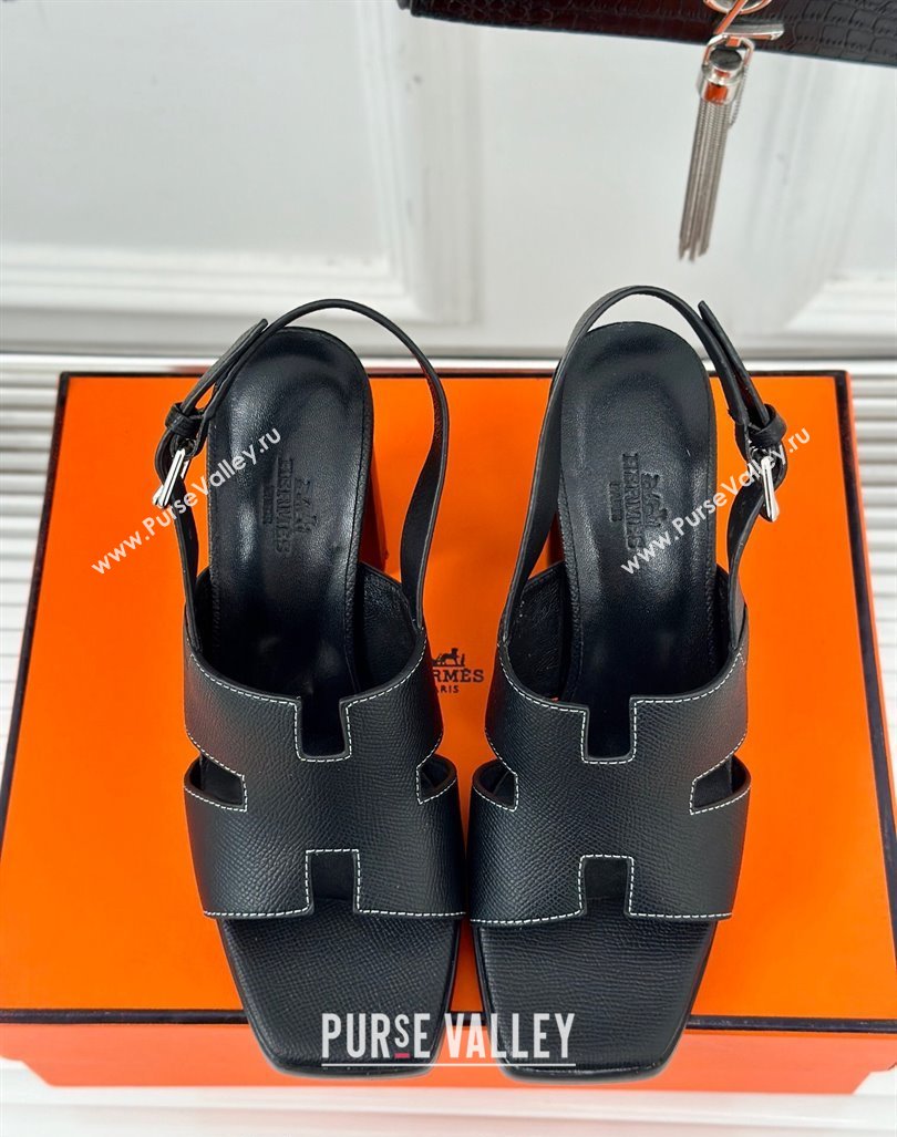 Hermes Elbe High Heel Sandals 9.5cm in Grained Calfskin Black 2024 0606 (MD-240606037)