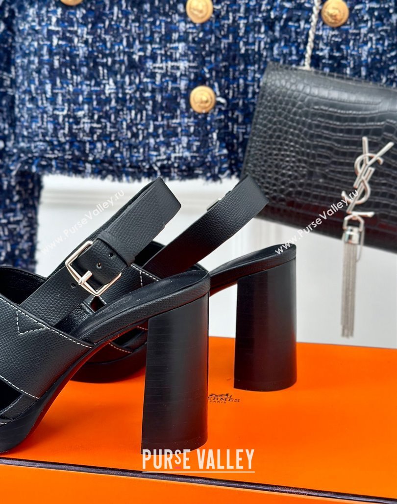 Hermes Elbe High Heel Sandals 9.5cm in Grained Calfskin Black 2024 0606 (MD-240606037)