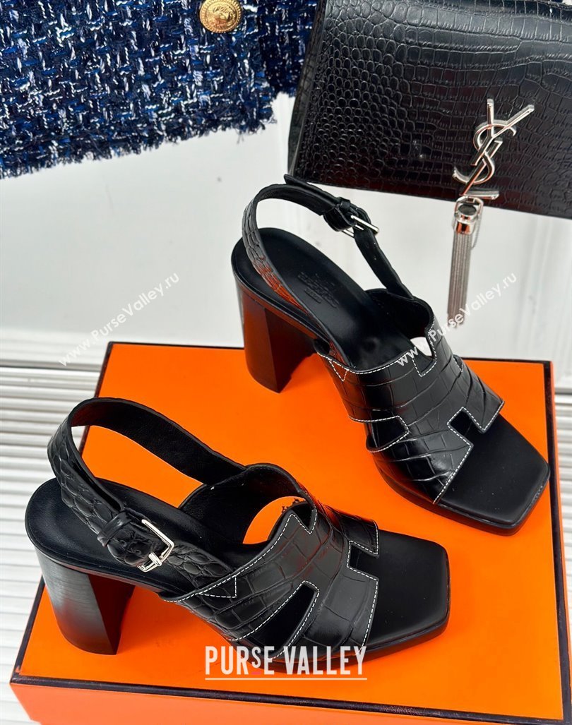 Hermes Elbe High Heel Sandals 9.5cm in Embossed Calfskin Black 2024 0606 (MD-240606040)