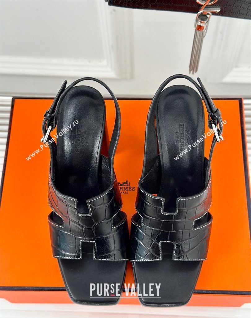 Hermes Elbe High Heel Sandals 9.5cm in Embossed Calfskin Black 2024 0606 (MD-240606040)