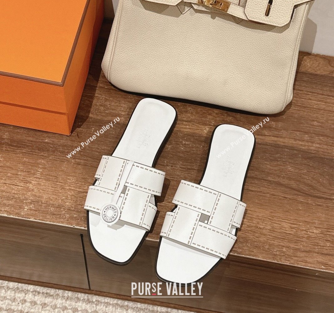 Hermes Idioma Flat Slide Sandals in Calfskin with "Mosaique" Motif White 2024 (MD-240606005)