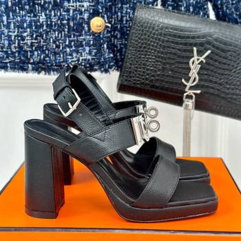 Hermes Ilona High Heel Sandals 9.5cm with Kelly Buckle in Grained Calfskin Black 2024 0606 (MD-240606041)