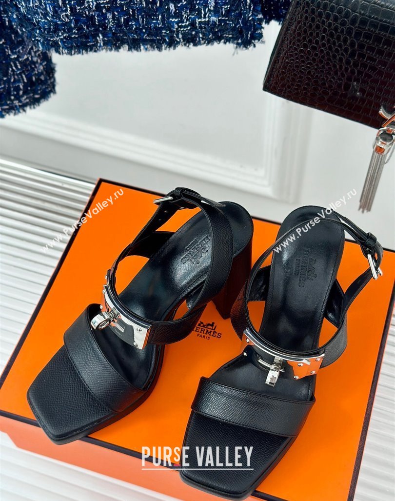 Hermes Ilona High Heel Sandals 9.5cm with Kelly Buckle in Grained Calfskin Black 2024 0606 (MD-240606041)