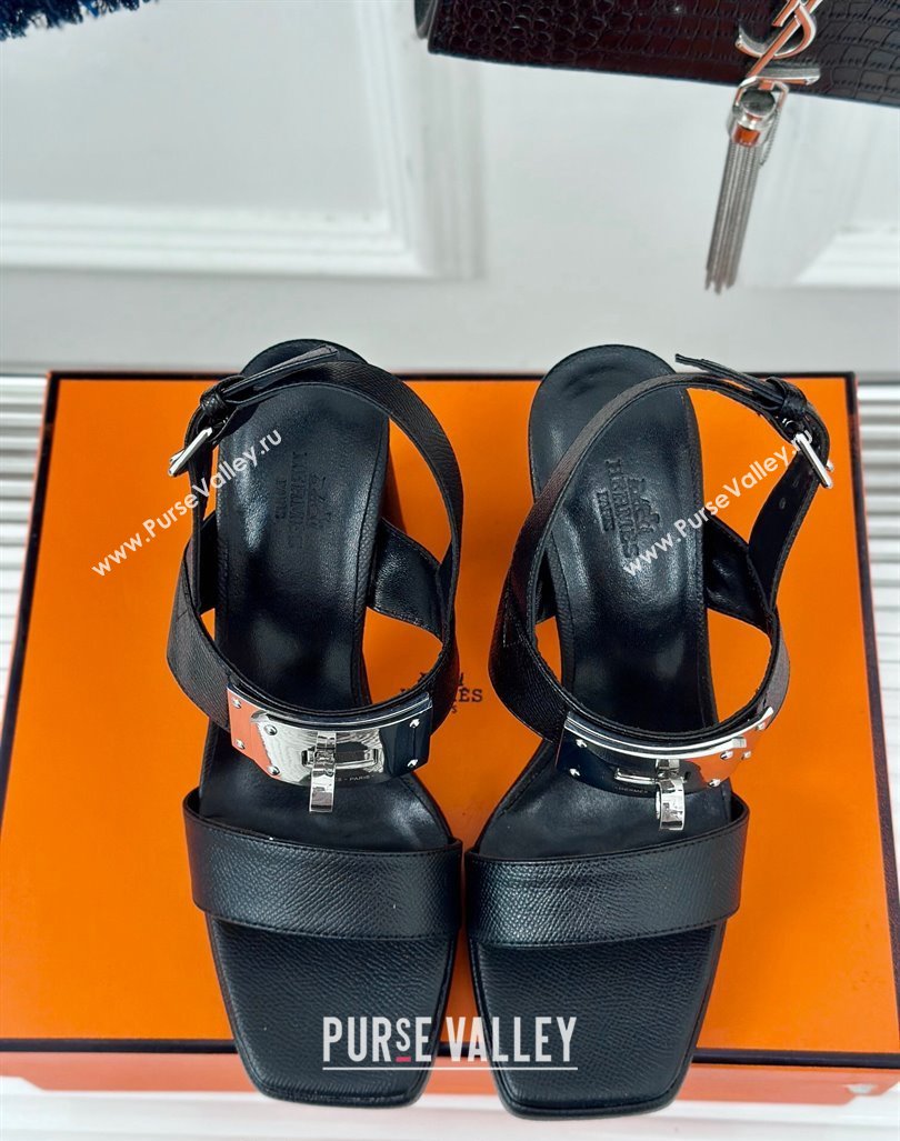 Hermes Ilona High Heel Sandals 9.5cm with Kelly Buckle in Grained Calfskin Black 2024 0606 (MD-240606041)