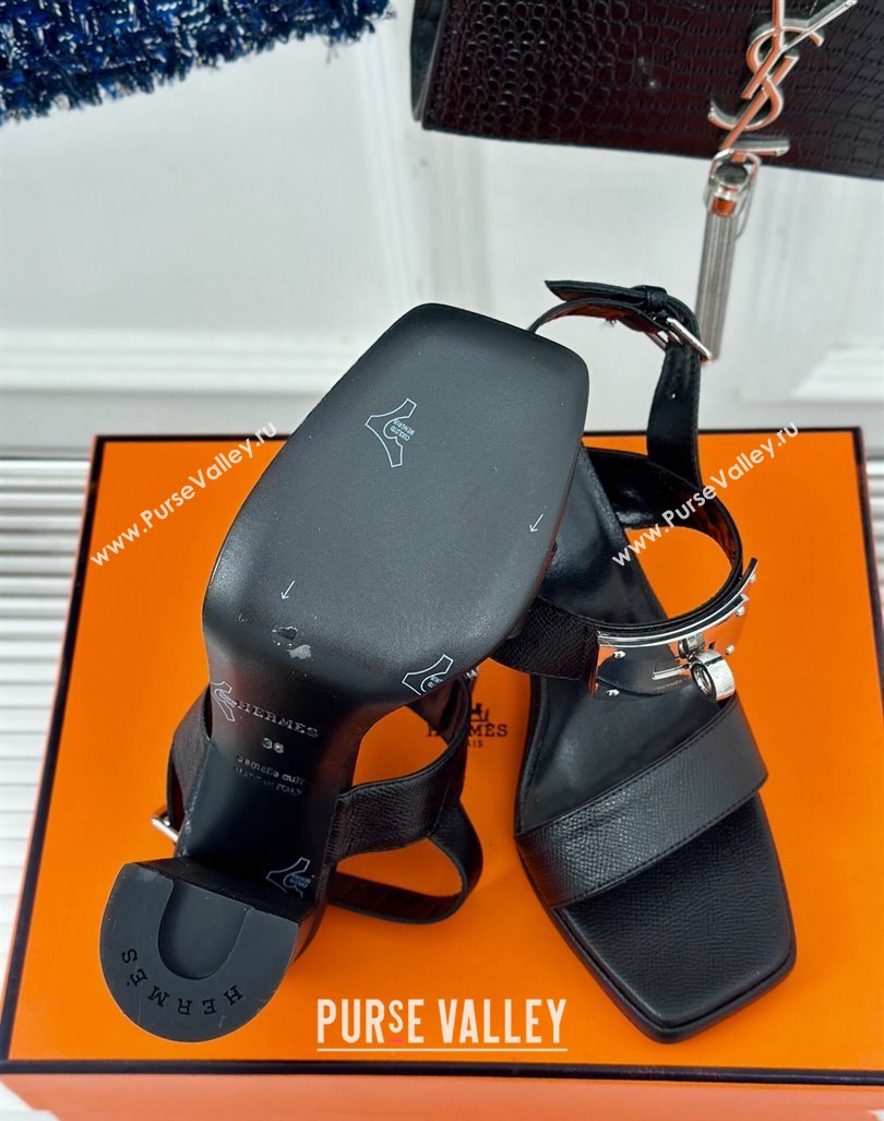 Hermes Ilona High Heel Sandals 9.5cm with Kelly Buckle in Grained Calfskin Black 2024 0606 (MD-240606041)