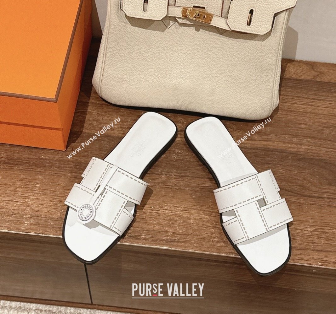 Hermes Idioma Flat Slide Sandals in Calfskin with "Mosaique" Motif White 2024 (MD-240606005)