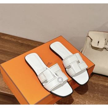Hermes Idioma Flat Slide Sandals in Calfskin with "Mosaique" Motif White 2024 (MD-240606005)