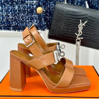 Hermes Ilona High Heel Sandals 9.5cm with Kelly Buckle in Smooth Calfskin Brown 2024 0606 (MD-240606044)
