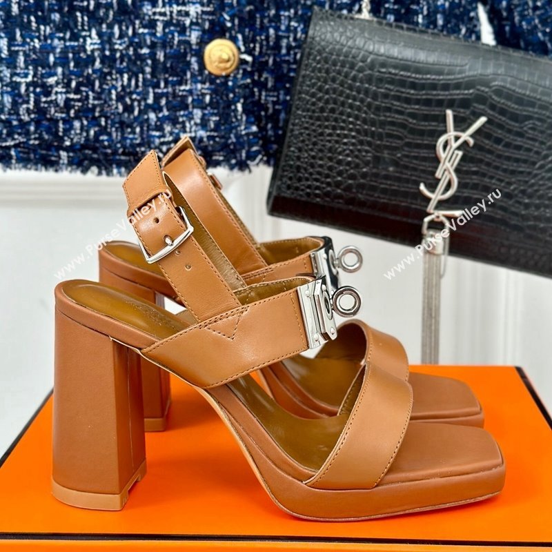 Hermes Ilona High Heel Sandals 9.5cm with Kelly Buckle in Smooth Calfskin Brown 2024 0606 (MD-240606044)