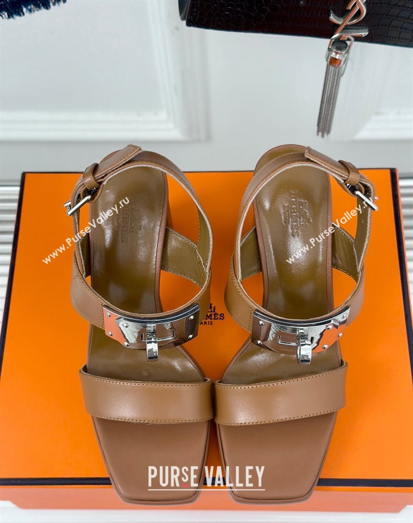 Hermes Ilona High Heel Sandals 9.5cm with Kelly Buckle in Smooth Calfskin Brown 2024 0606 (MD-240606044)