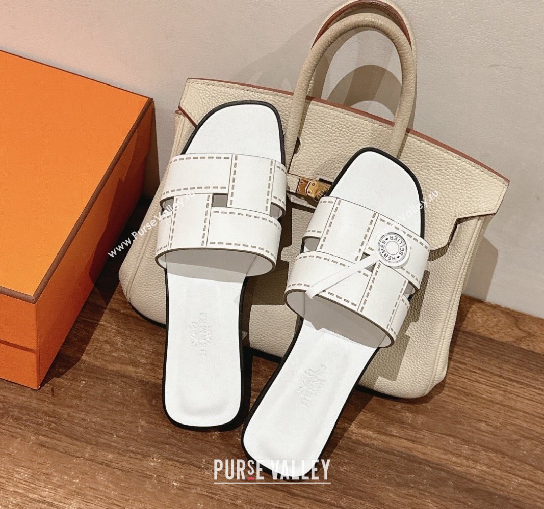 Hermes Idioma Flat Slide Sandals in Calfskin with "Mosaique" Motif White 2024 (MD-240606005)