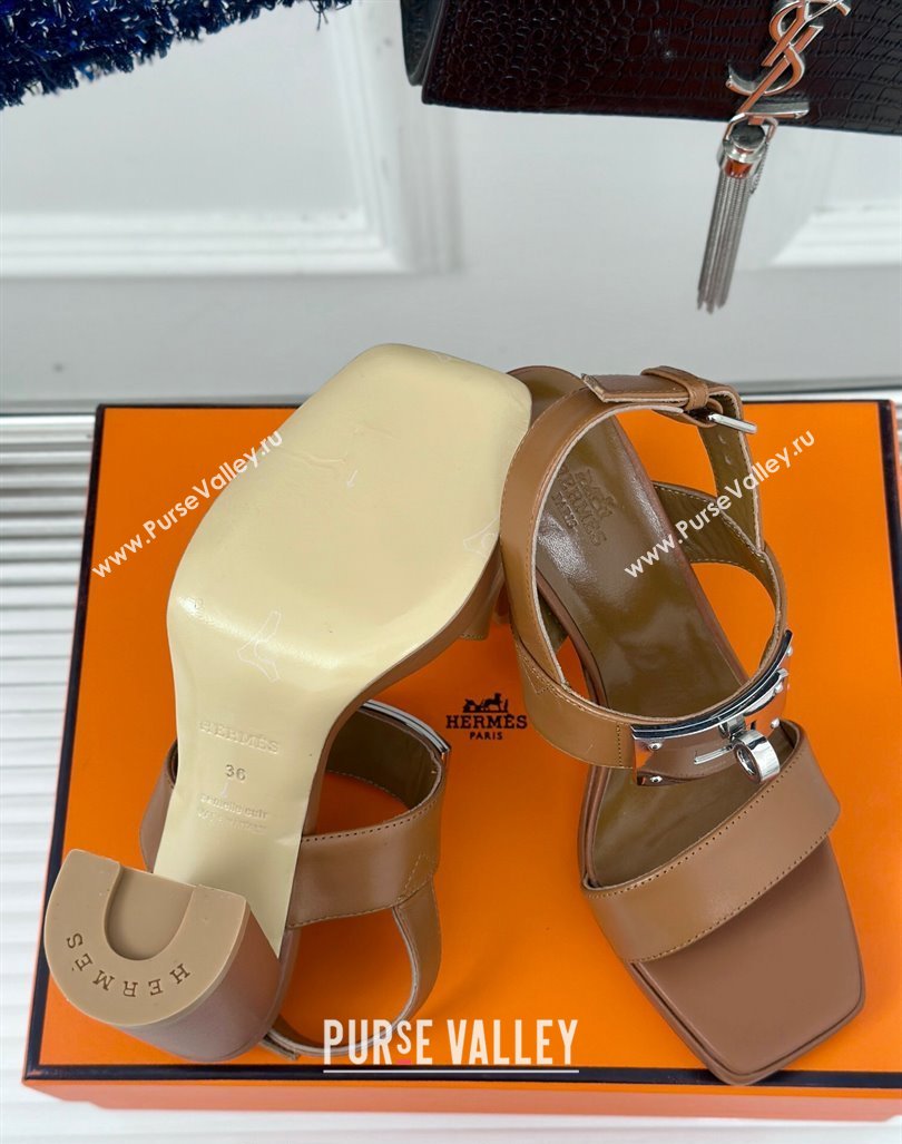 Hermes Ilona High Heel Sandals 9.5cm with Kelly Buckle in Smooth Calfskin Brown 2024 0606 (MD-240606044)