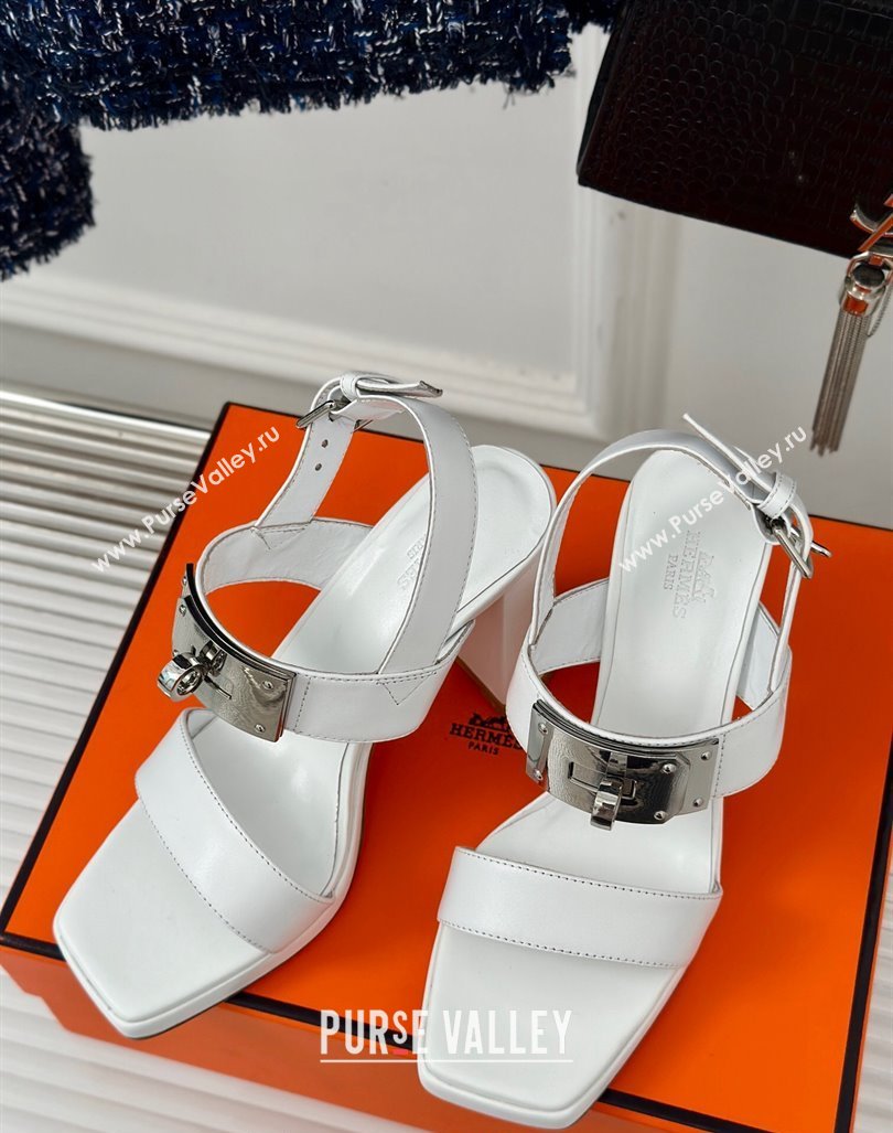 Hermes Ilona High Heel Sandals 9.5cm with Kelly Buckle in Smooth Calfskin White 2024 0606 (MD-240606045)