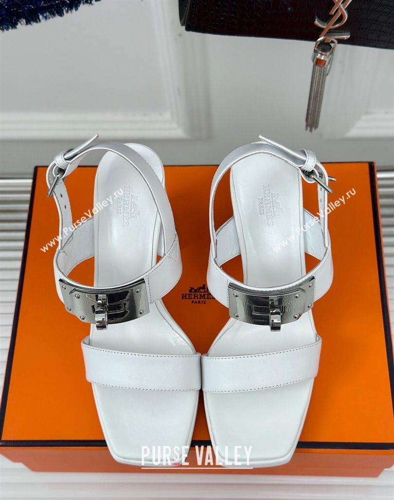 Hermes Ilona High Heel Sandals 9.5cm with Kelly Buckle in Smooth Calfskin White 2024 0606 (MD-240606045)