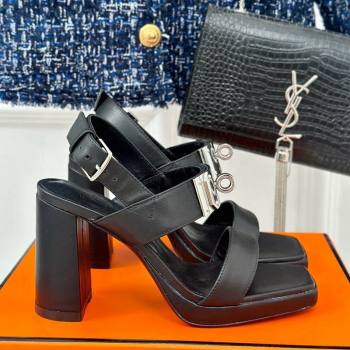 Hermes Ilona High Heel Sandals 9.5cm with Kelly Buckle in Smooth Calfskin Black 2024 0606 (MD-240606046)