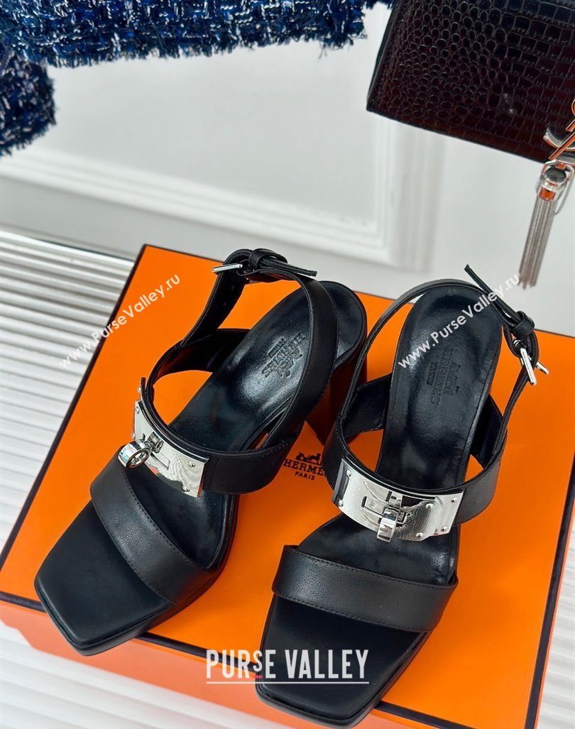 Hermes Ilona High Heel Sandals 9.5cm with Kelly Buckle in Smooth Calfskin Black 2024 0606 (MD-240606046)