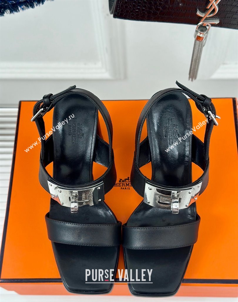 Hermes Ilona High Heel Sandals 9.5cm with Kelly Buckle in Smooth Calfskin Black 2024 0606 (MD-240606046)